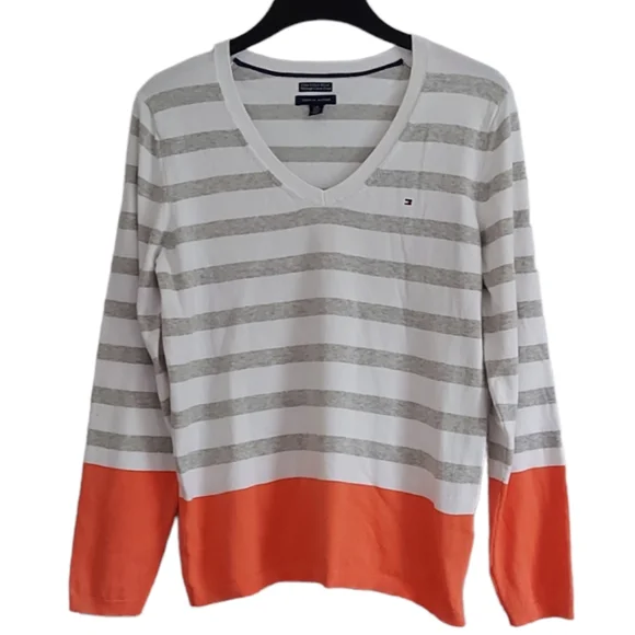 Tommy Hilfiger Womens Size L Pima Cotton Blend Jumper Orange Grey White - Picture 1 of 7